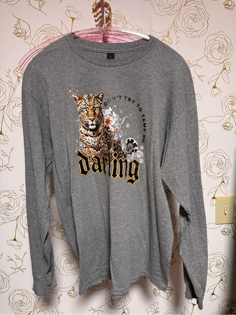 Bomb Party Gray 'darling' Leopard Graphic Long Sleeve Tee